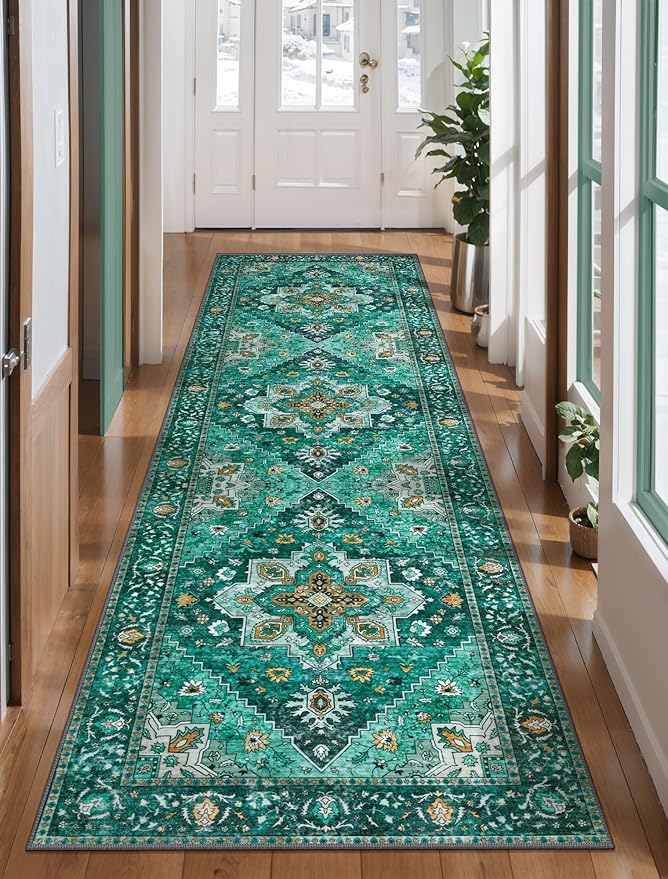 2.6x8 Washable Runner Rug for Hallways, Non Slip Vintage, Soft Low Pile Long Rug Runner, Print Distressed Emerald Carpet Runners for Kitchen Bedroom Entryway Bathroom Living Room