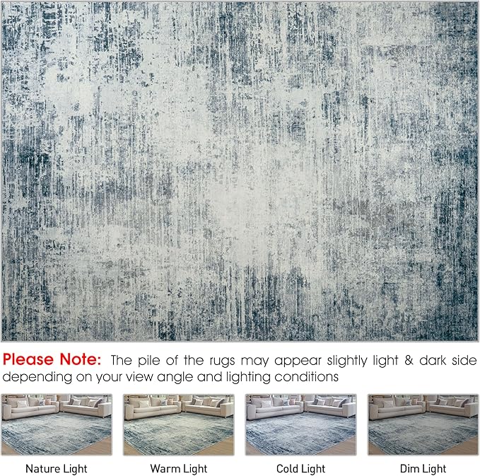 10x14 Area Rugs for Living Room: Soft Abstract Large Area Rug Non-Shedding Anti-Skid Stain Resistant Indoor Floor Modern Washable Rugs for Bedroom Dining Room Nursery Farmhouse Home Office-Blue/Ivory