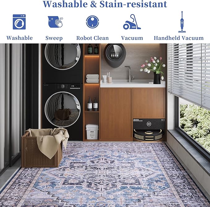 8x10 Rug, Washable Neutral Boho Modern Vintage Non Slip Floral Area Rugs, Low Pile Soft Rugs, Area Rugs, Slip Resistance Carpet, Pet-Friendly Carpet, Durable Rug for Living Room, Bedroom