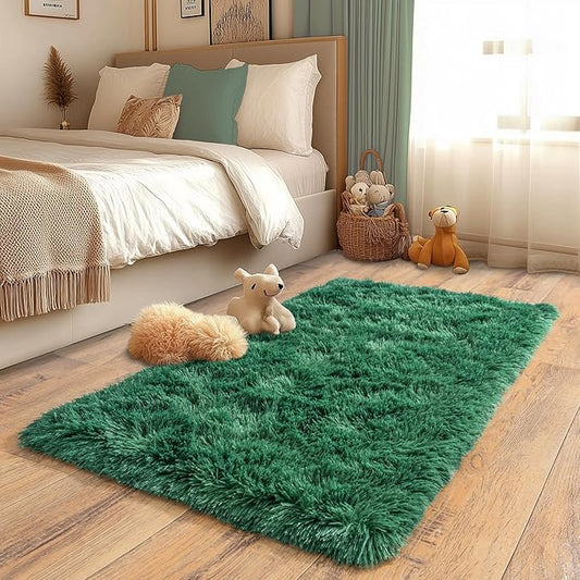 Small Runner Rugs for Bedroom Hallways, 2x4 Runners for Hallways Fluffy Shag Throw Area Rug Non Slip for Bedside Dorm, Shag Rugs for Girls Boys Bedroom, Floor Carpet Runner for Kids Dorm, Dark Green