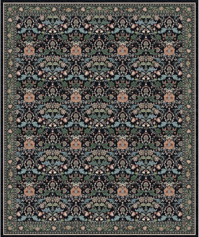 10x12 Area Rug Living Room: Soft Vintage Oriental Floral Farmhouse Style - Washable Low Pile Stain Resistant Thin Indoor Carpet with Non Slip Backing (10x12 Black/Green/Multi)
