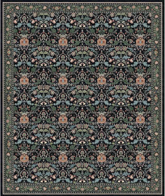10x12 Area Rug Living Room: Soft Vintage Oriental Floral Farmhouse Style - Washable Low Pile Stain Resistant Thin Indoor Carpet with Non Slip Backing (10x12 Black/Green/Multi)
