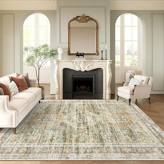 Washable Area Rug 8x10, Large Soft Rugs for Living Room Vintage 8x10 Area Rugs for Bedroom Dining Room Non-Slip Stain Resistant Under Table Green Orange Rug