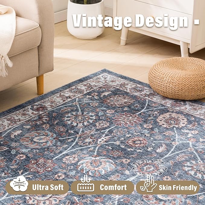 Carvapet Floral Rugs for Living Room Bedroom, Vintage Dark Blue Low Pile Large Carpet with Rubber Backing, Foldable, Non Slip Machine Washable (9 x 6 Feet Rectangular, Dark Blue Area Rug)