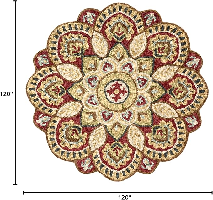 SAFAVIEH Novelty Collection Area Rug - 10' Round, Red & Taupe, Handmade Boho Floral Rustic Country Wool, Ideal for High Traffic Areas in Living Room, Bedroom (NOV604Q)