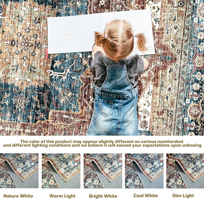Vintage Area Rug, Washable Rugs 3x5 for Bedroom, Small Distressed Medallion Rug for Kitchen Entryway Bathroom Living Room Office Carpet