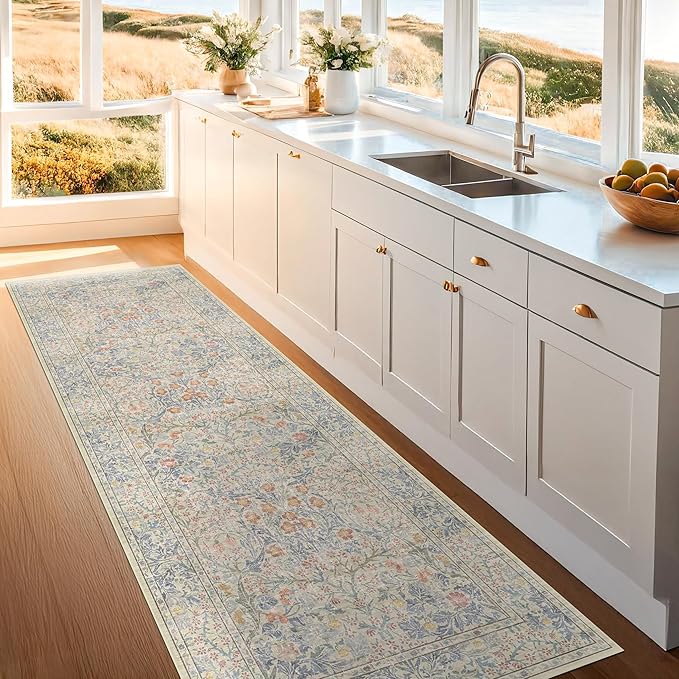 Vintage Beige Blue 2'6" x 8' Runner Rug for Kitchen, Hallway, Bathroom, Entryway Indoor, Laundry Room, Washable Non Slip Rubber Backing Stain Resistant
