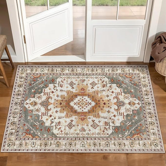 Vintage Rug 2x3 Washable Rug for Entryway, Non Slip Small Area Rug, Indoor Front Door Rug, Print Distressed Turmeric Door Mat Carpet, Soft Low Pile Rugs for Entrance Kitchen Bedroom Bathroom