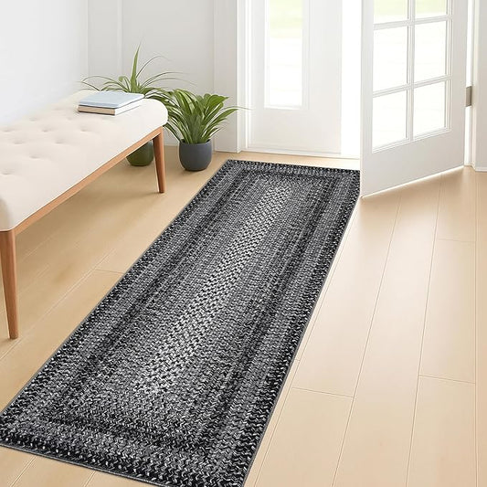 Imitation Braided Collection-Print Long Hallway Runners 2x10 Washable Area Rug, Farmhouse Rustic Bordered Area Rug Non Slip Soft Low Pile Indoor Carpet Runners for Entryways, Laundry Room