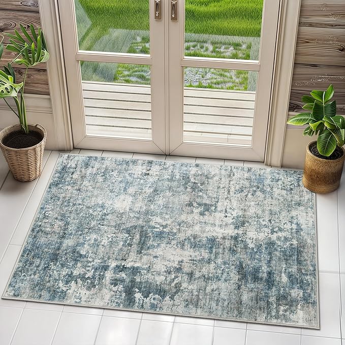 2x3 Abstract Washable Rugs for Kitchen, Floor, Entryway, Powder Room Small Area Rug Non-Slip Vintage Rug Low Pile Throw Door Mat Blue