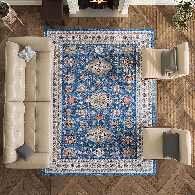 8x10 Rug, Washable Neutral Boho Modern Vintage Non Slip Floral Area Rugs, Low Pile Soft Rugs, Area Rugs, Slip Resistance Carpet, Pet-Friendly Carpet, Durable Rug for Living Room, Bedroom