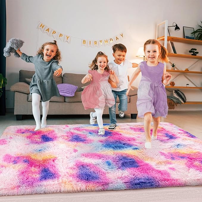 Ultra Fluffy Area Rugs for Living Room Bedroom, 6x9 Fuzzy Large Living Room Rugs, Thick Shag Rug for Dorm, Soft Non Slip Kids Girls Boys Rug for Home Decor Aesthetic, Dark Rainbow