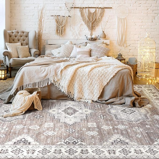 Washable Area Rugs for Living Room - 7x9 Neutral Vintage Distressed Floral Farmhouse Boho Large Soft Floor Rug Indoor Non Slip Carpet for Living Room Bedroom Dining Room Office - Dark Brown