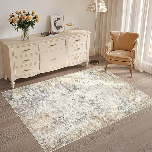 3x5 Area Rug Living Room Rugs - Washable Neutral Modern Abstract Soft Thin Rug Indoor Floor No Slip Rug Carpet for Bedroom Under Dining Table Home Office Decor - Golden Grey