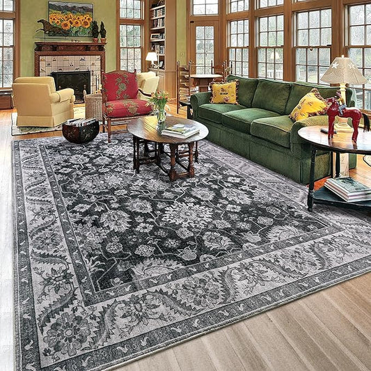 Area Rugs for Living Room, Washable 5x7 Area Rug for Bedroom, Retro Floral Non-Slip Carpet for Nursery Home Office Dining Room Kitchen, Grey