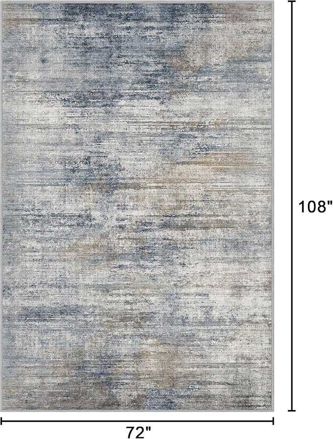 Bavni Washable Rug, Soft Abstract Rugs Non-Slip, Thin Foldable 6x9 Rug, Modern Stain Resistant Area Rug for Living Room, Kitchen, Bedroom, Blue/Light Grey