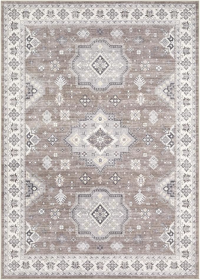 Washable Area Rugs for Living Room -8x10 Neutral Vintage Distressed Floral Farmhouse Boho Large Soft Floor Rug Indoor Non Slip Carpet for Living Room Bedroom Dining Room Office - Dark Brown
