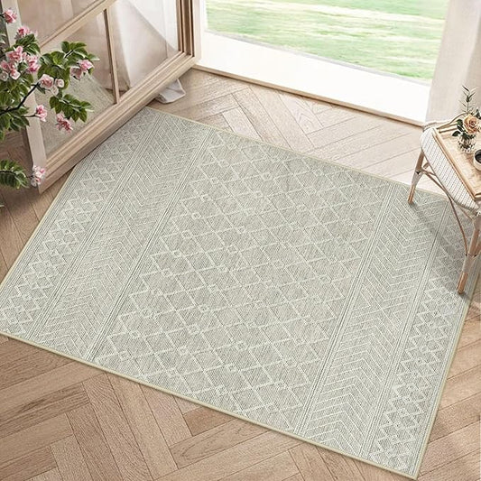 2x3 Rug Entryway Rugs: Washable Boho Small Geometric Moroccan Rug Modern Indoor Soft Non Slip Ultra Thin Front Door Mat for Kitchen Bedroom (Taupe, 2'x3')