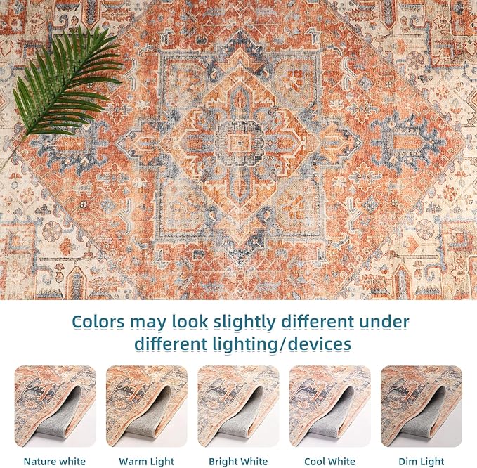 Dripex 6x9 Area Rugs, Machine Washable Non Slip Distressed Boho Rugs, Area Rug for Living Room, No Pile Lightweight Vintage Rug, Soft Accent Carpet for Dining Room,Bedroom,Orange