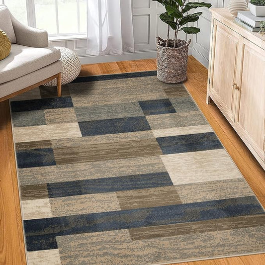 Superior Indoor Area Rug, Jute Backed, Modern Geometric Patchwork Floor Decor for Bedroom, Office, Living Room, Entryway, Hardwood Floors, Rockwood Collection, 8' x 10', Midnight Navy