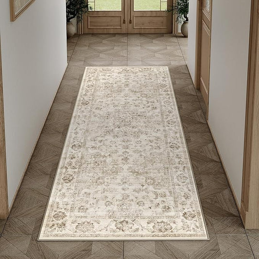 2x5 Washable Neutral Runner Rug Beige Hallway Kitchen Non-Slip Low Pile Floral Carpet Vintage Soft Thin Small Throw Rug for Bathroom Bedroom Entryway Indoor Entrance