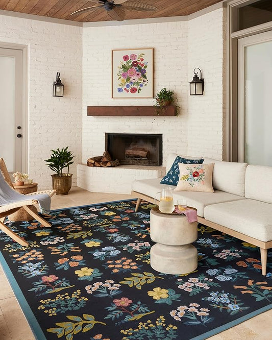 Loloi Rifle Paper Co. Perennial Collection Wildflower PRN-03 Black/Navy 2'-5" x 7'-8" Indoor/Outdoor Runner Rug