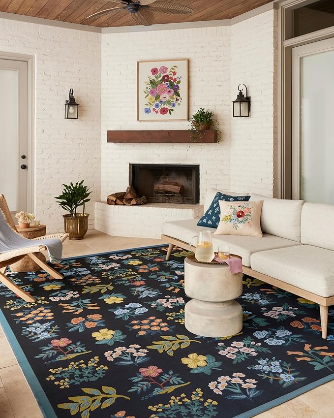 Loloi Rifle Paper Co. Perennial Collection Wildflower PRN-03 Black/Navy 5'-3" x 7'-8" Indoor/Outdoor Area Rug