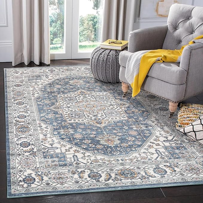 Vintage Area Rug, 5x7 Washable Rugs for Living Room Bedroom Indoor Throw Rug, Distressed Boho Country Accent Rugs, Thin Low-Pile Floor Carpet for Kids Pet (Navy/Grey)