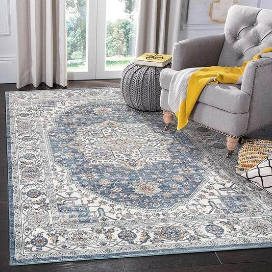 Vintage Area Rug, 4x6 Washable Rugs for Living Room Bedroom Entryway Indoor Door mat, Distressed Boho Country Accent Rugs, Thin Low-Pile Floor Carpet for Kids Pet (Navy/Grey)