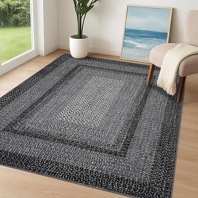 Imitation Braided Collection-Print Washable Area Rug 4x6 Modern Entryway Rug with Non Slip Rubber Backing, Farmhouse Soft Low Pile Rustic Accent Rug for Living Room Bedroom Dining Room