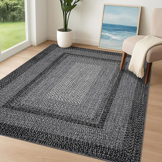 Imitation Braided Collection-Print Washable Area Rug 4x6 Modern Entryway Rug with Non Slip Rubber Backing, Farmhouse Soft Low Pile Rustic Accent Rug for Living Room Bedroom Dining Room