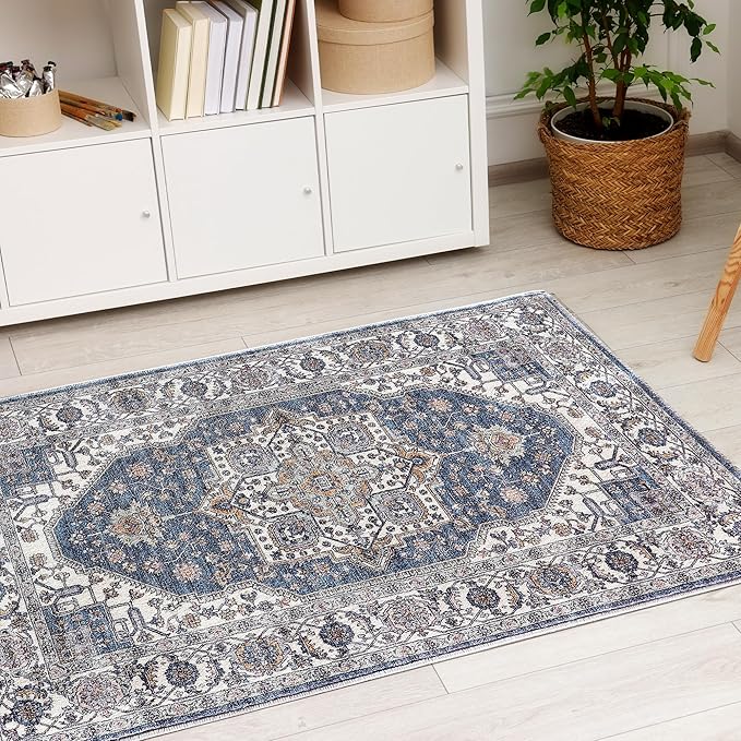 Vintage Area Rug, 2x3 Washable Rugs for Living Room Bedroom Entryway Indoor Door mat, Distressed Boho Country Accent Rugs, Thin Low-Pile Floor Carpet for Kids Pet (Navy/Grey)