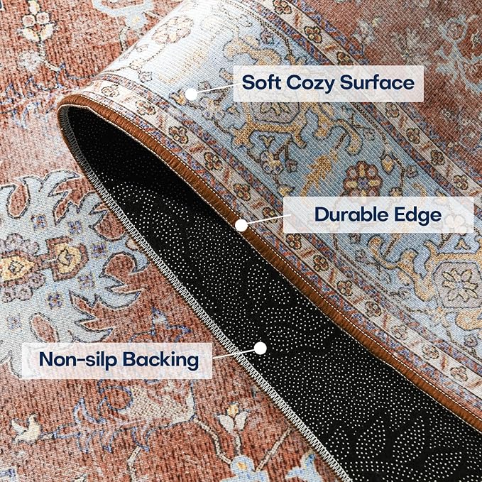 YJ.GWL Area Rug for Living Room, 4x6 Machine Washable Boho Rug for Bedroom, Low Pile Lightweight Thin Rugs Floral Vintage Distress Print Pattern Carpet for Dining Room, Brick