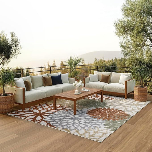 Nourison Aloha Indoor/Outdoor Ivory Multicolor 6' x 9' Area Rug, Easy Cleaning, Non Shedding, Bed Room, Living Room, Dining Room, Backyard, Deck, Patio (6x9)