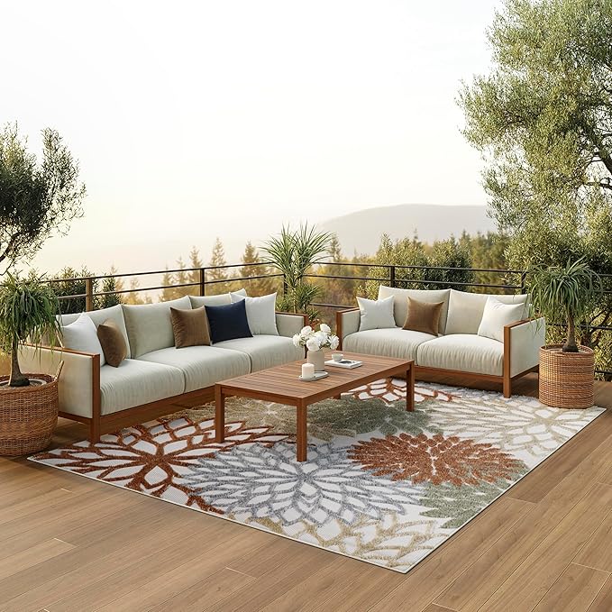 Nourison Aloha Indoor-Outdoor Ivory Multicolor 9' x 12' Area Rug, Easy Cleaning, Non Shedding, Bed Room, Living Room, Dining Room, Backyard, Deck, Patio (9x12)