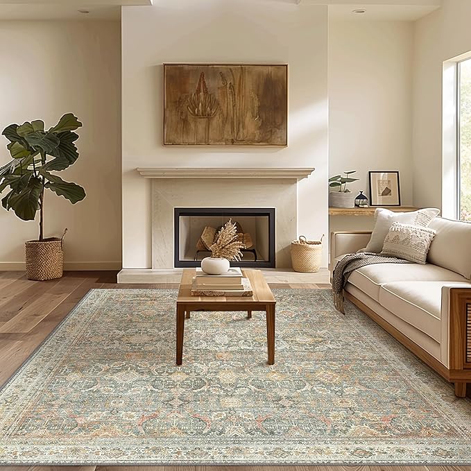 10X12 Area Rugs Machine Washable Rugs for Living Room, Vintage Boho Large Rugs for Bedroom Dining Room, Non Slip Indoor Soft Distressed Lightweight Thin Low Pile Carpet, Turmeric