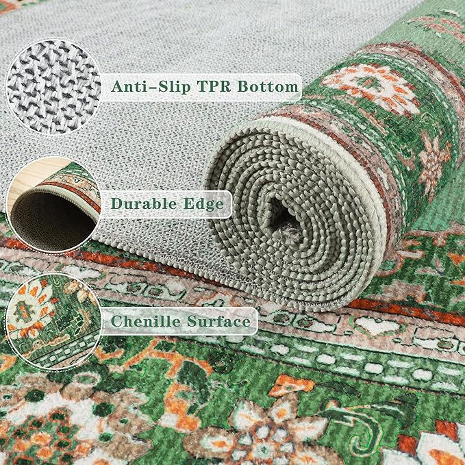 Tepook 2x6 Vintage Runner Rug - Low Pile Washable Non-Slip Carpet for Hallway, Kitchen, Bedroom, Entryway, Laundry Room, Bathroom - Indoor Throw Rug in Green