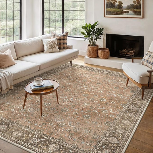 10X12 Area Rugs Machine Washable Rugs for Living Room, Vintage Boho Large Rugs for Bedroom Dining Room, Non Slip Indoor Soft Distressed Lightweight Thin Low Pile Carpet, Chestnut