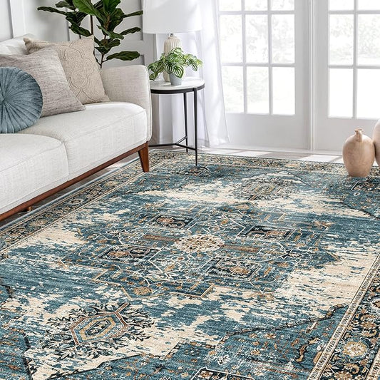 RUUGME Washable 5x7 Area Rugs - Large Rugs for Living Room Stain Resistant Carpet Vintage Rugs for Bedroom with Non Slip Backing Home Decor Floor Decoration Mat (5x7 Blue)