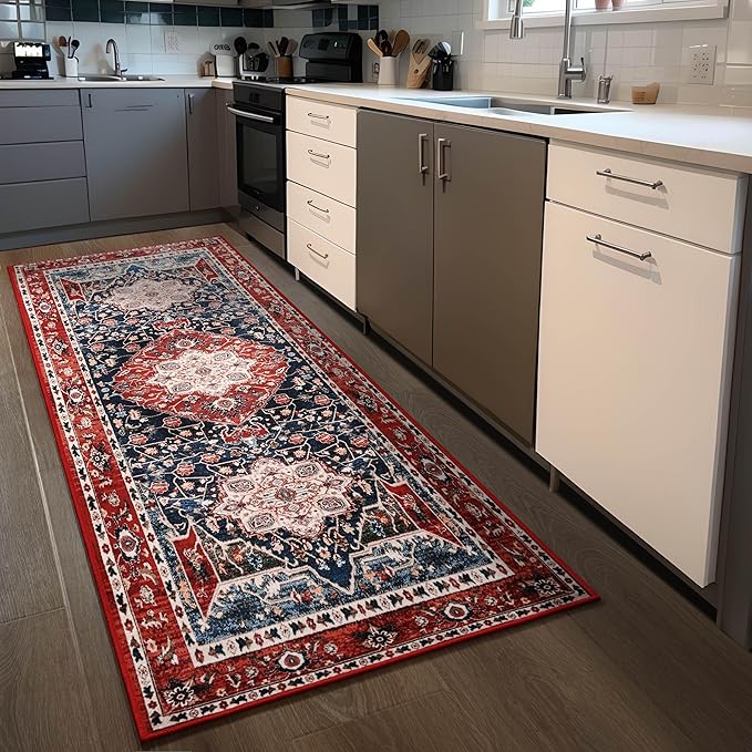 YJ.GWL Area Rug 2.6x8, Machine Washable Hallway Runner Rug, Boho Floral Vintage Distress Print Pattern Carpet, Low Pile Lightweight Thin Rugs for Entryway, Kitchen and Corridor, Red
