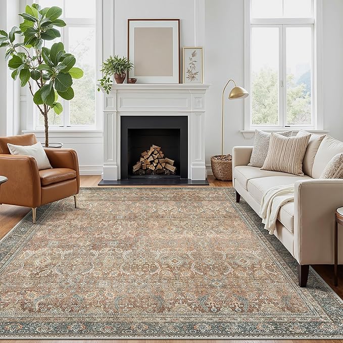 8X10 Area Rugs Machine Washable Rugs for Living Room, Vintage Boho Large Rugs for Bedroom Dining Room, Non Slip Indoor Soft Distressed Lightweight Thin Low Pile Carpet, Cinnamon