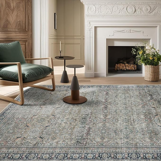 Washable Rugs 8x10 Area Rugs for Living Room,Rugs for Bedroom,Large Carpets,Ultra Soft Faux Wool Retro Dining Room Rug,Non Slip&Non-Shedding Low Pile Vintage Print Rug for Home Office,Green