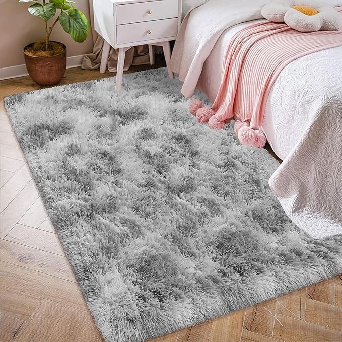 4x6 Ft Light Grey Large Area Rugs for Bedroom,Fluffy Furry Rug Floor Carpets Shaggy Playing Mat for Kids Baby Girls Room Nursery Home Decor Tie Dyed Gray Thick Rugs Fuzzy Home Decor
