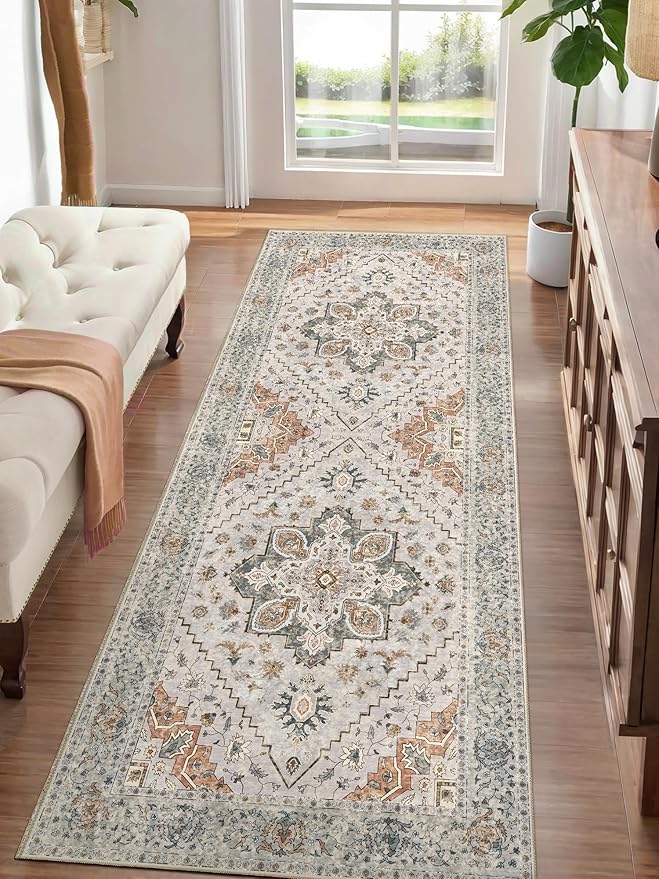 2x5 Washable Runner Rug for Hallways, Non Slip Vintage Runner, Soft Low Pile Long Rug Runner, Print Distressed Grey Carpet Runners for Kitchen Bedroom Entryway Bathroom Living Room