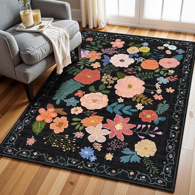 YOUFORTONG Washable Rug 3x5 Area Rugs: Soft Ultra Thin Low Pile Mat Machine Washable Indoor Doormat Lightweight Entry Rug Anti Slip Backing Rugs for Living Room Bedroom Kitchen 3'x5' Black Floral