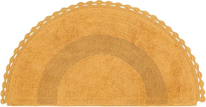 Half Circle Bohemian Bathroom Rug with Handwoven Chrochet Border, Beautifully Handcrafted 100% Cotton Mat - 22x42", Round Boho Bedroom Rug, Boho Bathroom Décor, Machine Washable - Honey Mustard
