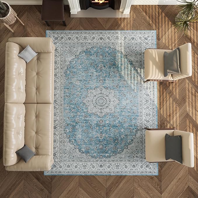 8x10 Rug, Washable Neutral Boho Modern Vintage Non Slip Floral Area Rugs, Low Pile Soft Rugs, Area Rugs, Slip Resistance Carpet, Pet-Friendly Carpet, Durable Rug for Living Room, Bedroom