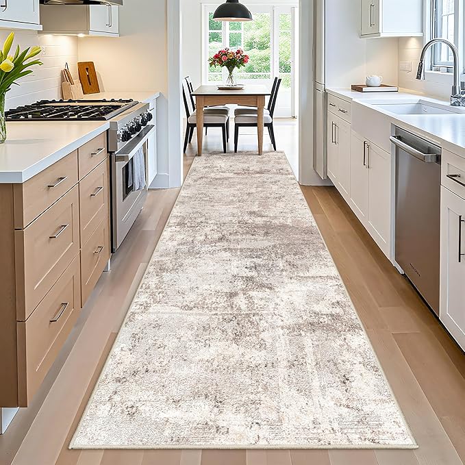 RUUGME Washable Hallway 4x12 Rug - Abstract Runner Rugs for Living Room Non Slip Rubber Backing Indoor Entryway Carpet for Bedroom Kitchen Soft Low Pile Stain Resistant Floor Decor Mat 4x12 Brown