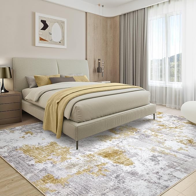 Washable Rug 9x12 Area Rugs for Living Room: Modern Abstract Neutral Soft Large Rug Bedroom Dining Room Under Kitchen Table Home Office Decor - Grey Gold