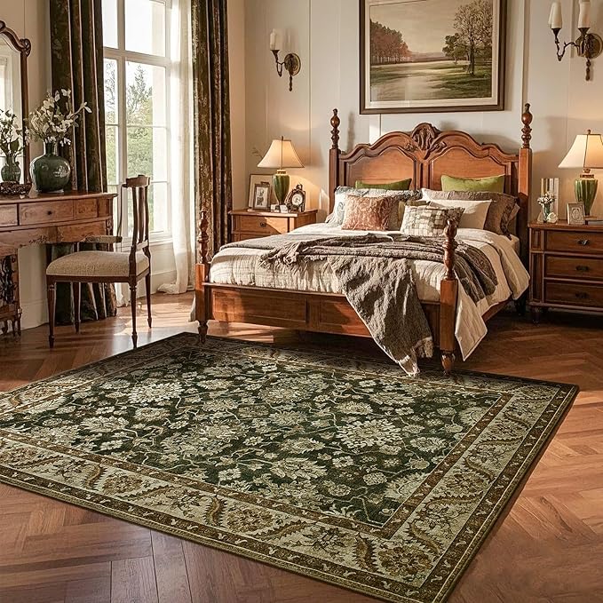 Area Rugs for Living Room, Washable 5x7 Area Rug for Bedroom, Retro Floral Non-Slip Carpet for Nursery Home Office Dining Room Kitchen, Brown and Green